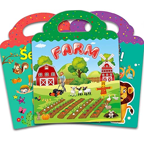 Reusable Sticker Book for Kids, 3 Sets Educational Learning Toys Travel Stickers Activity Books for Toddler Girls Boys Age 3+ Birthday Gifts - Farm, Season & Animals - style: Farm + Animal + Season