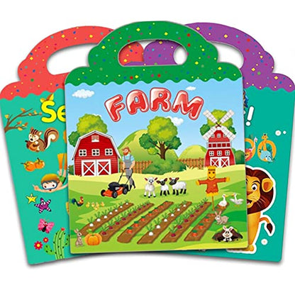 Reusable Sticker Book for Kids, 3 Sets Educational Learning Toys Travel Stickers Activity Books for Toddler Girls Boys Age 3+ Birthday Gifts - Farm, Season & Animals - style: Farm + Animal + Season