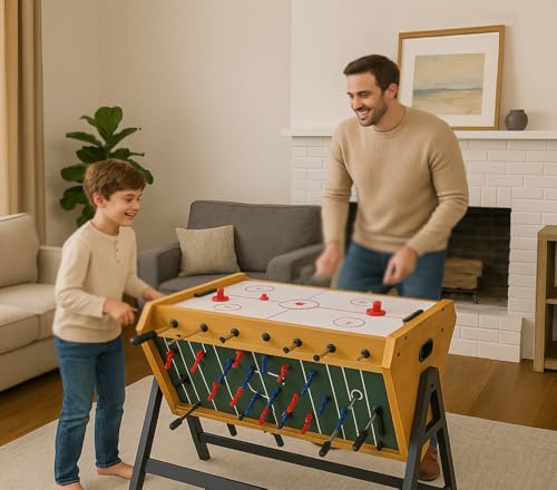 3-in-1 Game Table with Rotating Design, Including Billiards, Table Football, and air Hockey Table, for Indoor Entertainment Center - color: Wood color