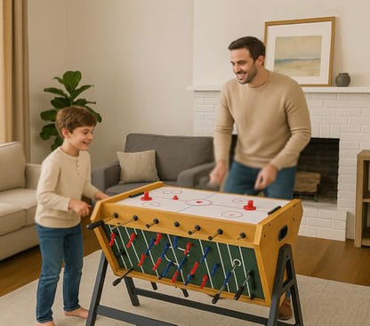 3-in-1 Game Table with Rotating Design, Including Billiards, Table Football, and air Hockey Table, for Indoor Entertainment Center - color: Wood color