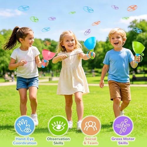 Outdoor Toys for Kids Ages 4-8, 4 Pack Flying Disc Launcher Toy for Kids, Outside Yard Manual Capture Game Toys for Toddlers 3-5, Flying Catching Games for Boys Girls Christmas Easter Birthday Gifts