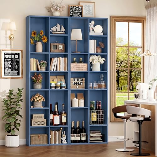 FOTOSOK 71'' Tall Bookshelf with 14 Cubes, 7 Tier Double Wide Bookshelf with 6 Adjustable Shelves, 19.6" Narrow Bookcase DVD/CD Media Storage Shelf, Space Saving Display Shelf Cabinet, Blue - color: Blue
