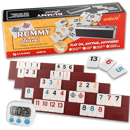 Smilejoy Rummy Cube Game Four Players Edition, Deluxe 106 Tiles Rummy Cube with Portable Aluminum Box, Classic Board Game for Children and Adults,4 Durable Plastic Trays,Timing(2-4 palyers)