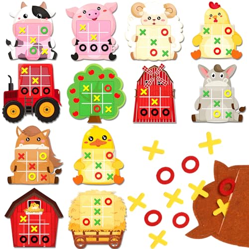 Wiwiqing 24 Pack Tic Tac Toe Farm Party Favors, Felt Travel Board Games Farm Animals Goodie Bags Stuffers Barnyard Cow Pig Sheep Strategic Toys for Birthday Gifts Prizes Themed Party Supplies