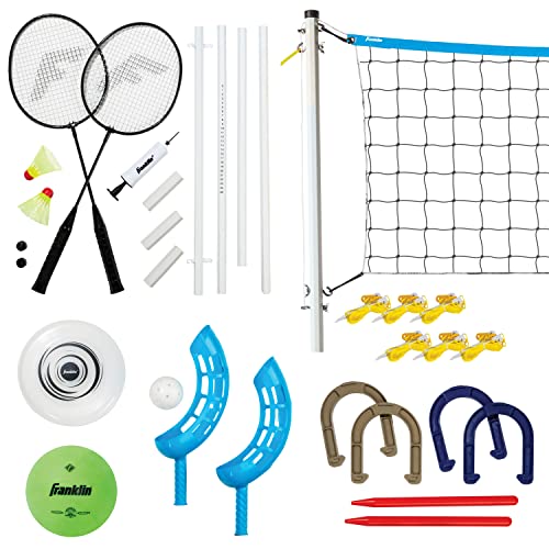 Franklin Sports Fun 5 Combo Outdoor Game Set - Backyard, Beach + Camping Games for Kids - Badminton, Volleyball, Flip Toss, Flying Disc - Horseshoes or Ring Toss - style: Blue Combo Set
