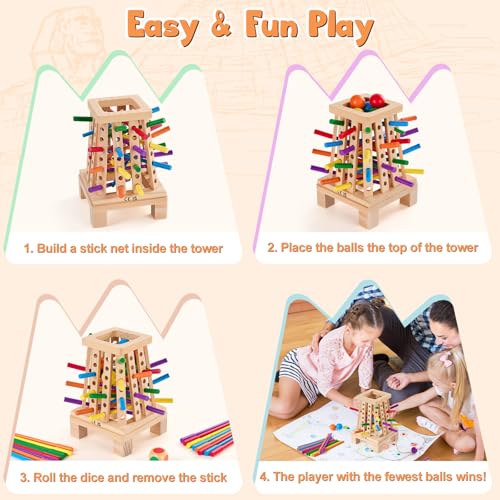 Montessori Board Game for Kids 4-6, Pyramid Wooden Sticks Dice Game, Math Educational, Fine Motor Skills Toy for 3+ Year Olds Girls Boys, Classic Table Game for Family Night