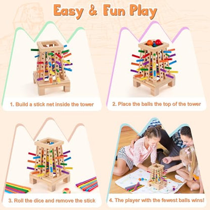 Montessori Board Game for Kids 4-6, Pyramid Wooden Sticks Dice Game, Math Educational, Fine Motor Skills Toy for 3+ Year Olds Girls Boys, Classic Table Game for Family Night