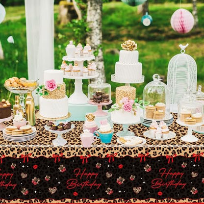4 Pcs Cheetah and Cherry Birthday Tablecloths, Red and Black Leopard Print Disposable Plastic Table Cover for Bridal Shower Bachelorette Birthday Party Supplies, 54 x 108 Inches - color: Red Cherry