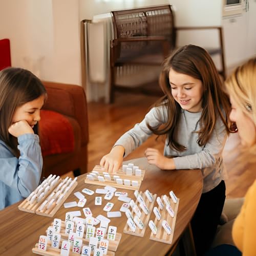 Mexican Train Dominoes Set Double 15 Number Domino Tiles, 136 Colorful Number Dominos Tiles with 8 Wooden Racks, Hub & Trains, Portable Domino Game Set for Adults Kids Families - style: Double 15 Number+8 Racks