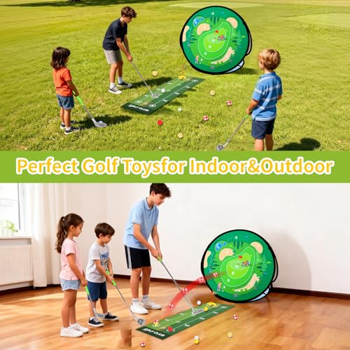 AOSITE Toddler Golf Set, 5 in 1 Kids Golf Set with 3 Golf Clubs, Putting Mat, 4-Sided Chipping Net, Golf Sport for Kid, Indoor Outdoor Kids Sticky Backyard Golf Games Toys Activitie Birthday Gift 3+