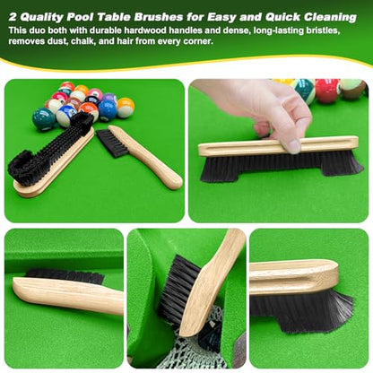 Billiard Pool Table Brushe Kit: 10 Piece Set with 2 Pool Table Brushes,2 Ferrule Polish Cloths,2 Cue Polish and Cleaning Cloths,Lint Roller,Dustpan and Broom,15 Marker Dots,15 Felt Repair Patches