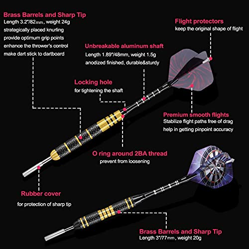 Darts Metal Tip Set, 20 Grams and 24 Grams Steel Tip Darts Set, Professional Metal Tipped Darts with Sharpener Tool Kit, Aluminum Shafts, Brass Barrels, Carrying Case, Extra Flights, Dart Accessories