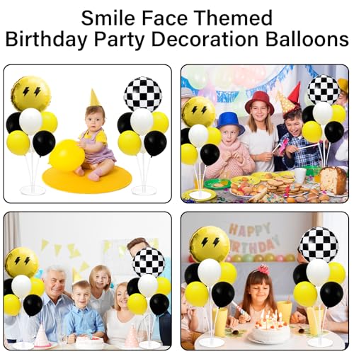 Smile Party Balloons Stand Kit 2 Sets with 2 Black White Checkered Foil Balloons Happy Face Themed Party Balloon Centerpiece for Tables for Baby Birthday Party Yellow Smile Face Themed Decorations - style: Smile