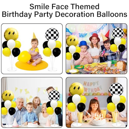 Smile Party Balloons Stand Kit 2 Sets with 2 Black White Checkered Foil Balloons Happy Face Themed Party Balloon Centerpiece for Tables for Baby Birthday Party Yellow Smile Face Themed Decorations - style: Smile