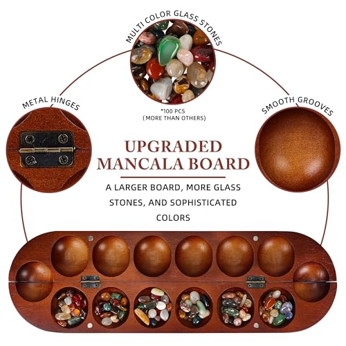 Offelec Wooden Mancala Board Game Set, Large 15.8 Inch Folding Board with 100 Multi Color Stones, 2-Player Classic Family Strategy Game for Kids & Adults, Portable Travel Mancala with Instructions - color: Upgraded Large Mancala Board