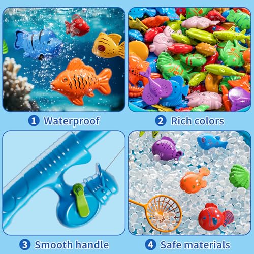 Magnetic Fishing Game Toys for Kids Toddlers 3-5 4-8, Water Table Bathtub Toys with Inflatable Pool Pole Rod Net Floating Fish, Water Bath Pool Outdoor Toys for Boys Girls Age 3 4 5 6 7 8 Year Old - style: 3 rods 3 nets 44 fish