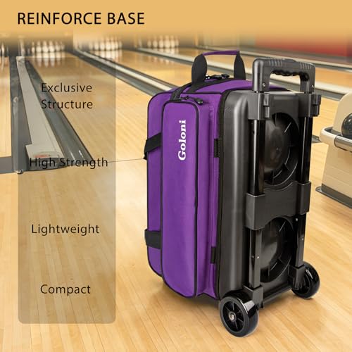 Goloni Double Roller 2 Ball Bowling Bag with Separate Shoe Compartment,2 Ball Bowling Bag with Wheels,Retractable Handle Extends to 40" - color: Purple
