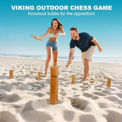 SunNordik Kubb Yard Game Set, Giant Viking Chess Outdoor Tossing Game with Carry Bag, Rubber Wood Backyard Lawn Game for Kids & Beginner - color: Yellow Brown
