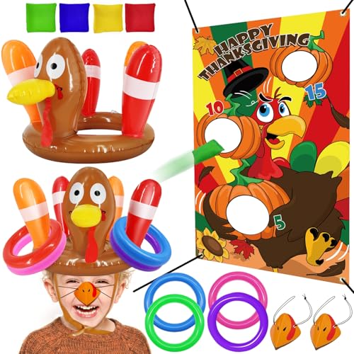 3 Pack Thanksgiving Party Games for Kids Total 18 Pieces Toys Including Inflatable Turkey Hats Ring Toss & Bean Bag Toss & Turkey Beaks Carnival Party Favors Supplies for Family Indoor Outdoor Yard