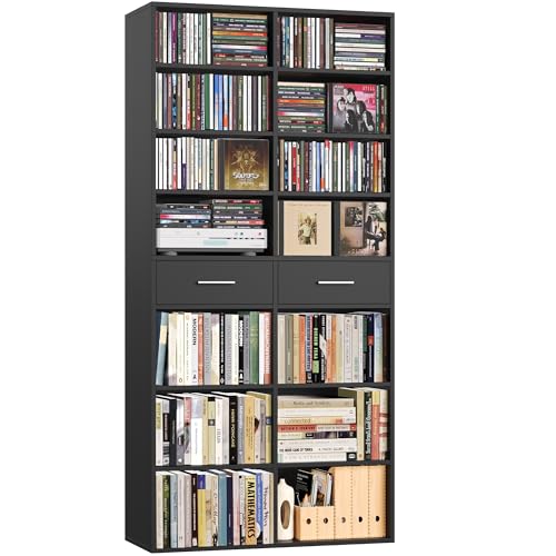 HOSTACK 73" Tall Bookshelf with Drawers, 7-Tier Black Bookshelf with Storage, Double Wide Bookcase with 14 Open Book Shelves, Wood Book Case with Adjustable Shelves for Media CD DVD Storage, Black - color: Black