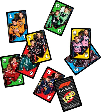 Mattel Games UNO F1 Card Game for Kids, Families, Travel & Camping, Deck Features Images from the World of Formula 1 Racing - style: UNO F1