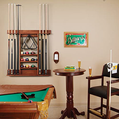 Goplus Pool Cue Rack, Wall Mounted Billiard Stick Holder, Made of Solid Pine Wood, Holds 8 Cues & Full Ball Set & 1 Ball Rack, Compact Billiards Accessories for Club, Bar (Brown)