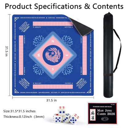 Mahjong Mat for Table,CUFURNIX 31.5''x31.5'' Non-Slip & Noise Reduction Mahjong Mat with Rules,Mah Jongg Gift with Carrying Bag for Poker,Board Games,Dominoes,Cards & Tile Games (Blue-Pink) - color: Blue-pink