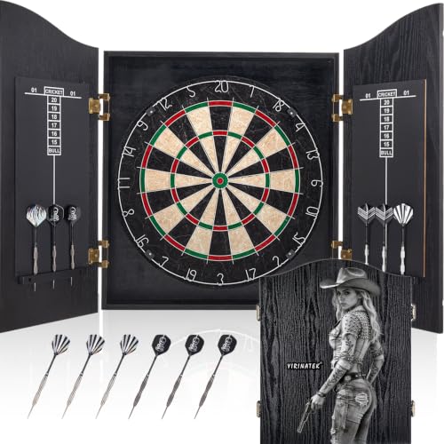 Sisal Dart Board Cabinet Sets, Decorative Dart Boards for Adults [6*Steel Darts] - Wooden Dartboard Cabinet with Integrated Scoreboard for Family Game Rooms - [Cowboy 02]