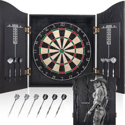 Sisal Dart Board Cabinet Sets, Decorative Dart Boards for Adults [6*Steel Darts] - Wooden Dartboard Cabinet with Integrated Scoreboard for Family Game Rooms - [Cowboy 02]
