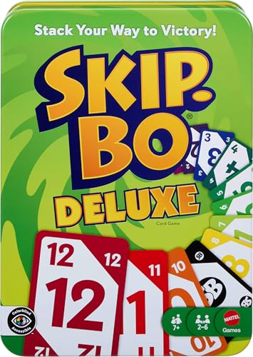 Mattel Games Skip-Bo Deluxe Card Game for Kids, Grown-Ups & Family Nights in Tin Packaging, Color Blind Accessible Deck for 2 to 6 Players Ages 7+ (Amazon Exclusive) - style: Skip-Bo Deluxe