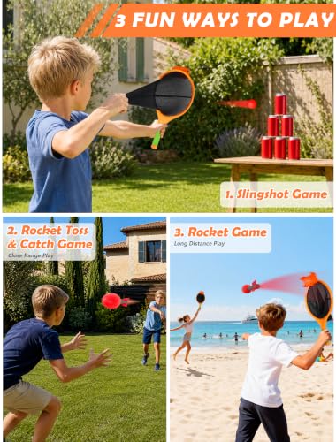 Launch & Catch Ball Set for Kids, Toss and Catch Outdoor Game with 2 Elastic Paddles, 1 Foam Football, 4 Soft Balls and Carry Bag, Solo Practice or Family Backyard Game for Beach and Lawn Play