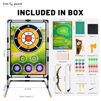 Battle & Velcro Golf Chipping Game Set with Double-Sided Mat – Backyard Golf Game for Indoor/Outdoor Play & Parent-Child Fun – Includes Bow & Arrow, Axe & Dart Targets