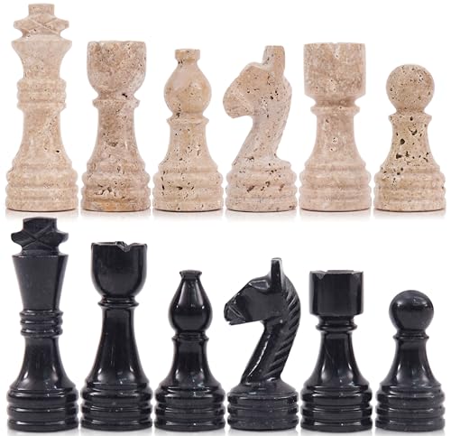 Marble Chess Pieces 3.5 Inch Travertine and Black Stone Chess Figures for Chess Board - Board Games for Adults & Table Decor, Ideal Travel Set & Strategy Game Accessories - color: Travertine & Black