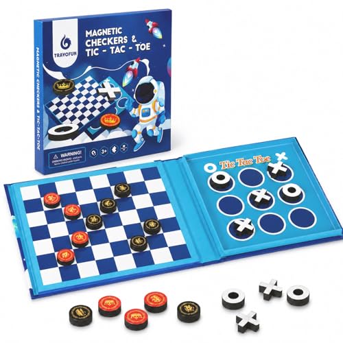 2-in-1 Travel Checkers and Tic Tac Toe Game for Kids Ages 8-12, Magnetic Checkers Board Game, Foldable Road Trip and Plane Activities - color: Checkers