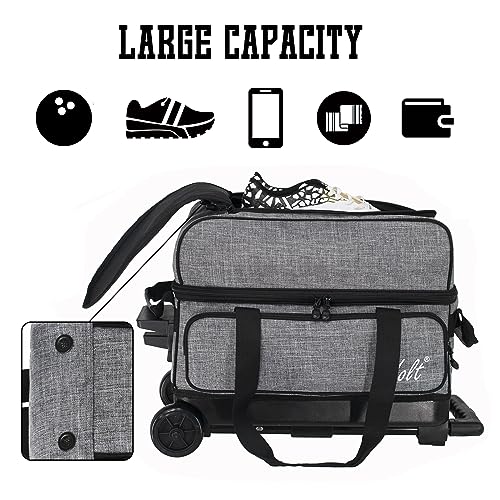 WOLT Double Roller 2 Ball Bowling Bag with Separate Shoe Compartment, Large Capacity Bowling Ball Bag with Accessory Pocket, Retractable Handle Extends to 40" - color: Grey