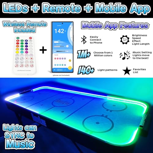 PartyLife 54" Portable Air Hockey Table w/Folding Steel Legs & Optional LED Lights - NEW & Improved - Powerful Motor, Smooth Surface, Very Sturdy - City Team Edition - color: Chicago, style: w/ LED Lights