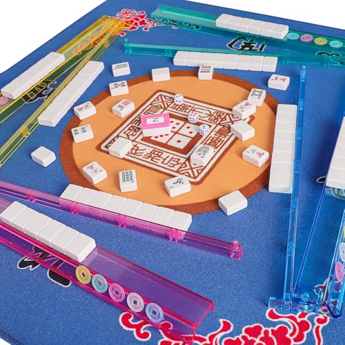 American Mahjong Game Set, 166 White Tiles, 4 All-in-One Color Rack/Pushers, Complete Mahjong Tile Set, Printed Carrying Bag - color: Deep Blue