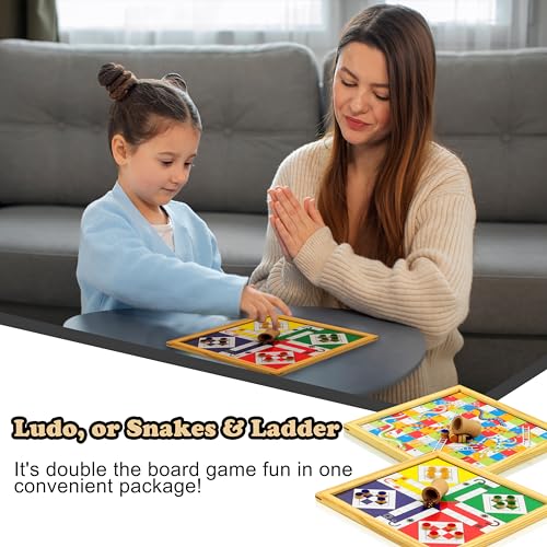 Pine Wood Wooden Handmade Handcrafted 2 in 1 Ludo Magnetic Snakes and Ladders Travel Board Game Full Adults & Family Fun Game