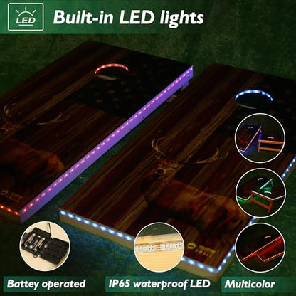 LED Cornhole Board Set 4FTx2FT Solid Wood Regulation Size Cornhole Set with LED Lights Includes 8 Cornhole Bags for Adults (USA Flag & Deer, 4'x2')