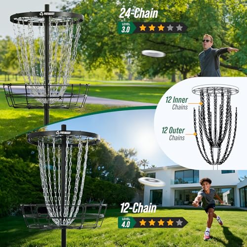 Disc Golf Basket with 24/12 Heavy Duty Chains, Disc Golf Target with Adjustable Height/Sound Reducer & Remote LED Light & Light Up Discs, Durable Practice Goal with Ground Stake for Backyard