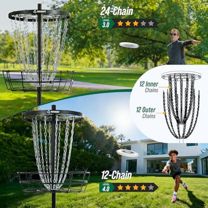 Disc Golf Basket with 24/12 Heavy Duty Chains, Disc Golf Target with Adjustable Height/Sound Reducer & Remote LED Light & Light Up Discs, Durable Practice Goal with Ground Stake for Backyard