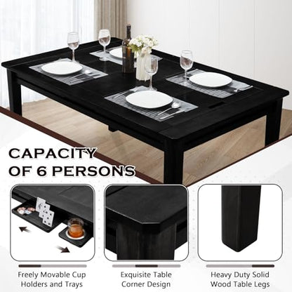 Haddockway 63" ×39“ Board Game Table with Removable Top, Solid Wood Dining/Gaming Table for 4-6 Players with Play Mat, 6 Detachable Cup Holders & 6 Hobby Trays (Black) - color: Black