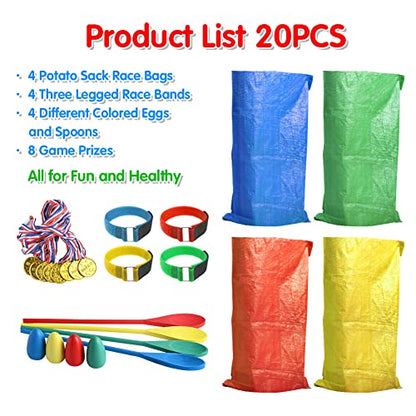 Abnaok 20PCS Outdoor Games Potato Sack Race Bag, 3-Legged Race Bands, with Egg and Spoon Race Lawn Games for Outside Backyard Field Day Birthday Party Games for Kids and Adults.