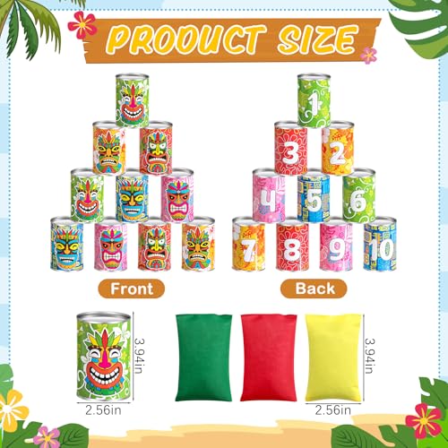 Jingmore Luau Party Games Tiki Can Toss Game Bean Bag Toss with 10 Tin Cans and 3 Bean Bag for Summer Luau Family Birthday Tropical Hawaii Aloha Indoors Outdoors Activities Party Supplies - style: Luau