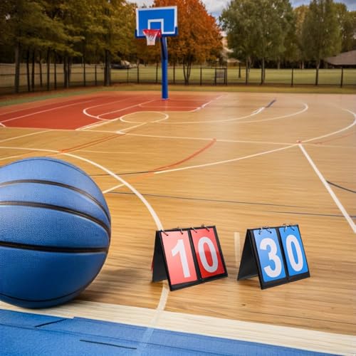 2-Digit Basketball Flip Scoreboard Set Blue and Red Flip Cards, Portable Tabletop Scorekeeper for Competition and Multi-Sport Use