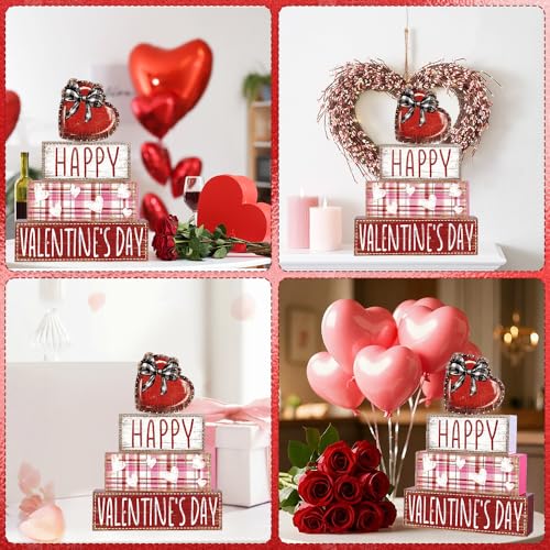 DIYDEC 4Pcs Valentine's Day Table Decoration Valentine Heart Wooden Block Signs Rustic Valentines Tiered Tray Decor Happy Valentine's Day Centerpiece Sign for Farmhouse Holiday Tabletop Party Decor - style: Valentine Heart