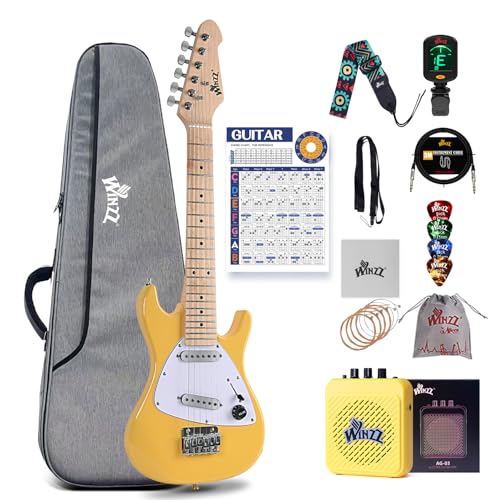 Winzz 30 Inch Kids Electric Guitar Beginner Kit, Junior 1/4 Size Mini Electric Guitar for Children Complete Stater Set with Amp, Gloosy Yellow Colour - color: yellow