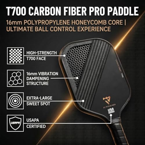 T700 Carbon Fiber Pickleball Paddle, Pickleball Set 16mm Pickle Ball Rackets with CMS Matte Surface Lightweight Honeycomb Core & Durable Edge Frame Larger Sweet Spot - color: MAX -1 Racket