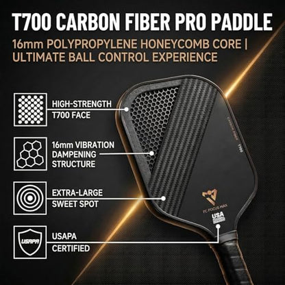 T700 Carbon Fiber Pickleball Paddle, Pickleball Set 16mm Pickle Ball Rackets with CMS Matte Surface Lightweight Honeycomb Core & Durable Edge Frame Larger Sweet Spot - color: MAX -1 Racket