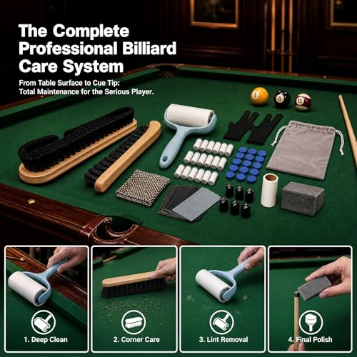 10 Piece Pool Table Cleaning Kit Professional Billiard Felt Cleaner Rail Brush Set with Wooden Brushes Cue Cloths Ferrule Polish Cloths and Sticky Lint Roller for Table Care
